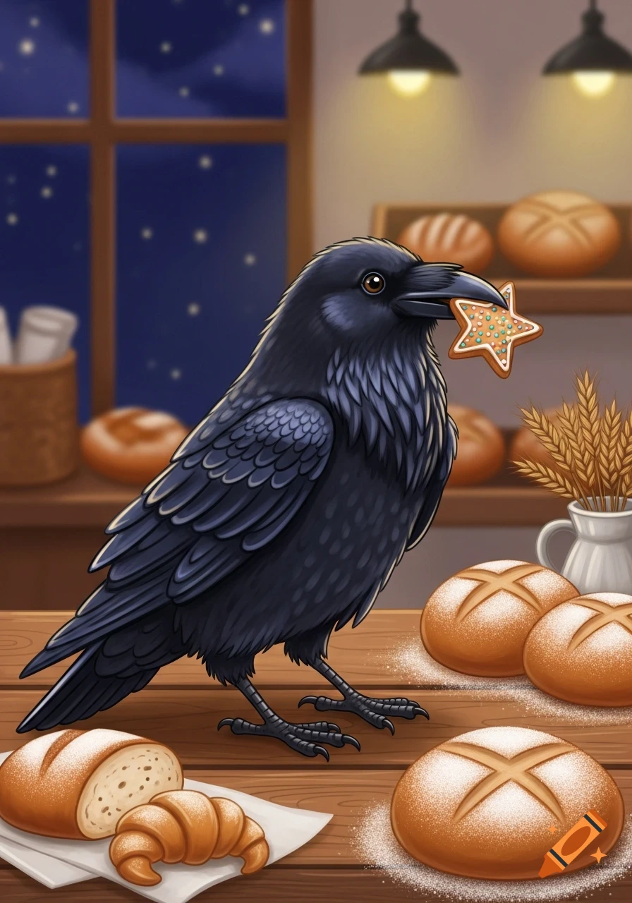 A cute raven holding a star cookie in its beak sits on a bakery table filled with bread and croissants, illustrated in a picture book style.
