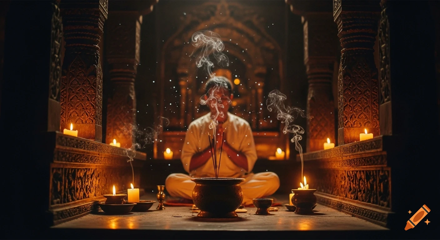 Photorealistic spiritual guide meditates in a candlelit temple with incense smoke and glowing particles.