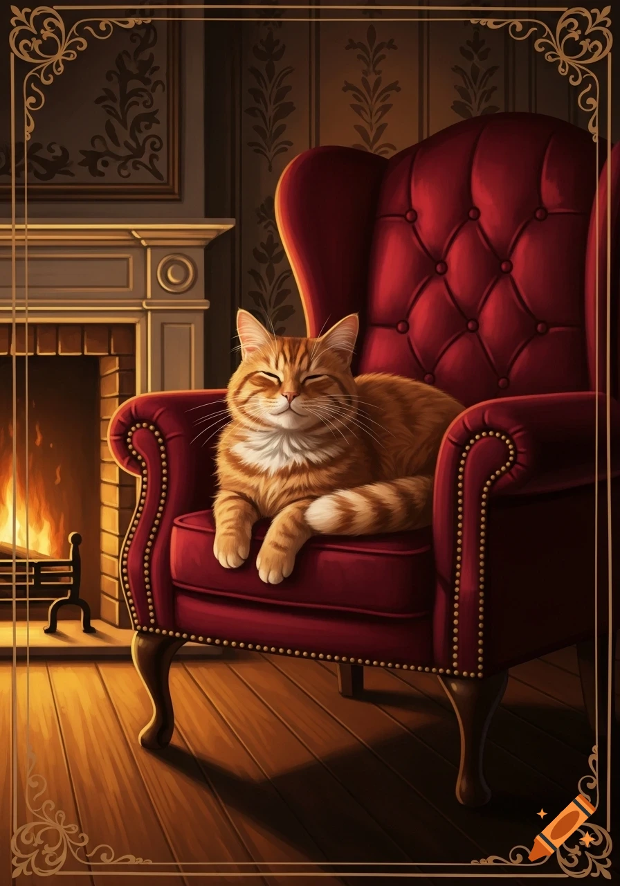 An orange tabby cat with closed eyes relaxes in a plush red armchair by a glowing fireplace in an illustrated style.