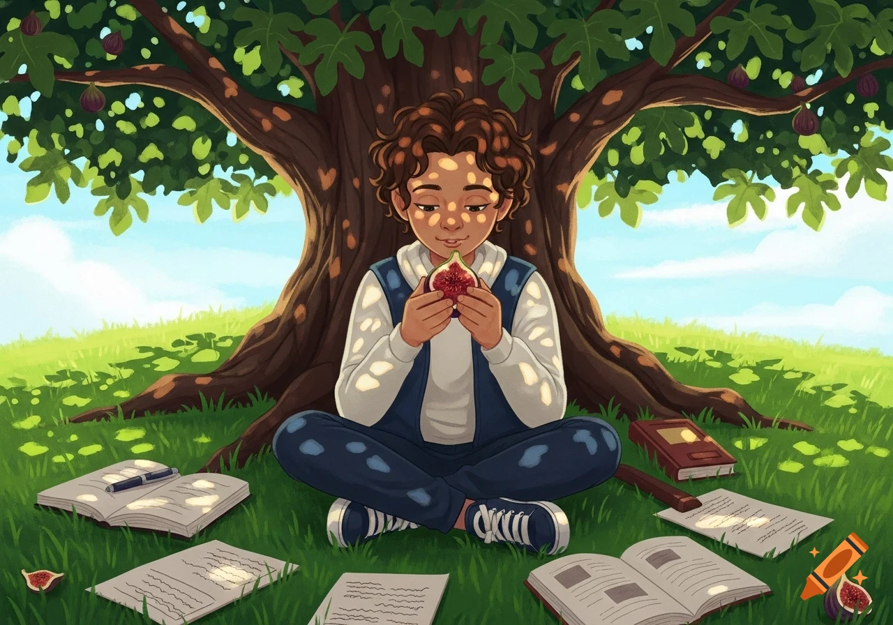 An illustration of a young student with curly hair sitting under a fig tree, holding a fig. Books and papers are on the grass.