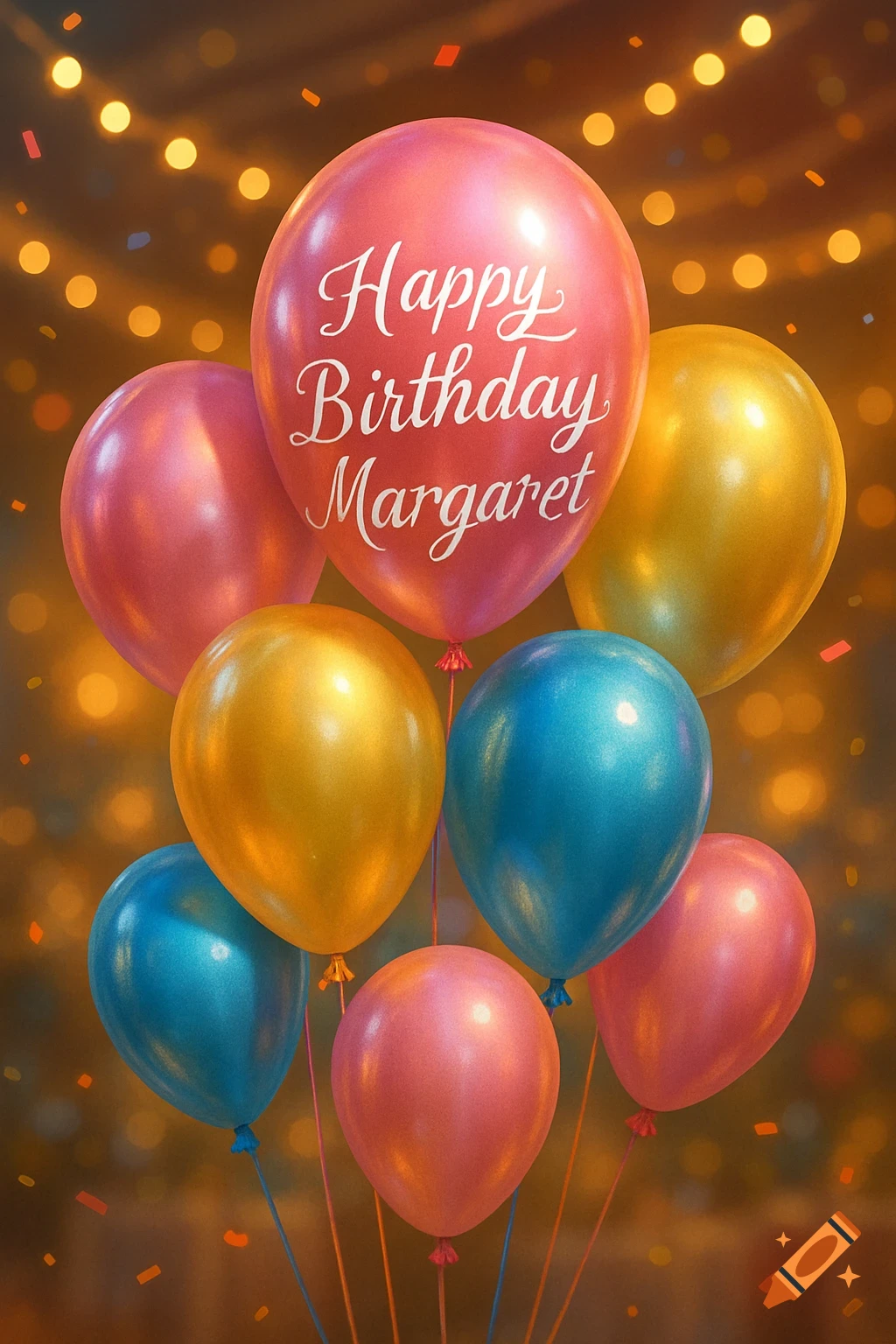 A cluster of colorful metallic birthday balloons, with one pink balloon displaying 'Happy Birthday Margaret' against a warm bokeh background.