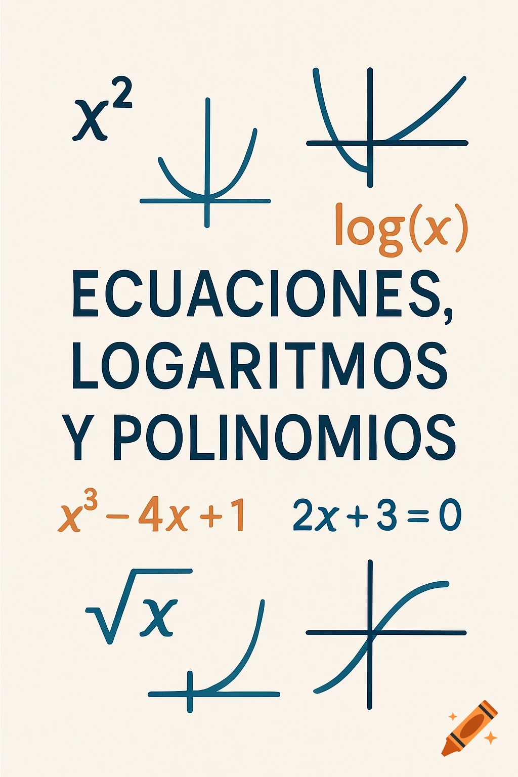A clean, minimalist educational cover titled 'ECUACIONES, LOGARITMOS Y POLINOMIOS' with mathematical symbols and graphs.