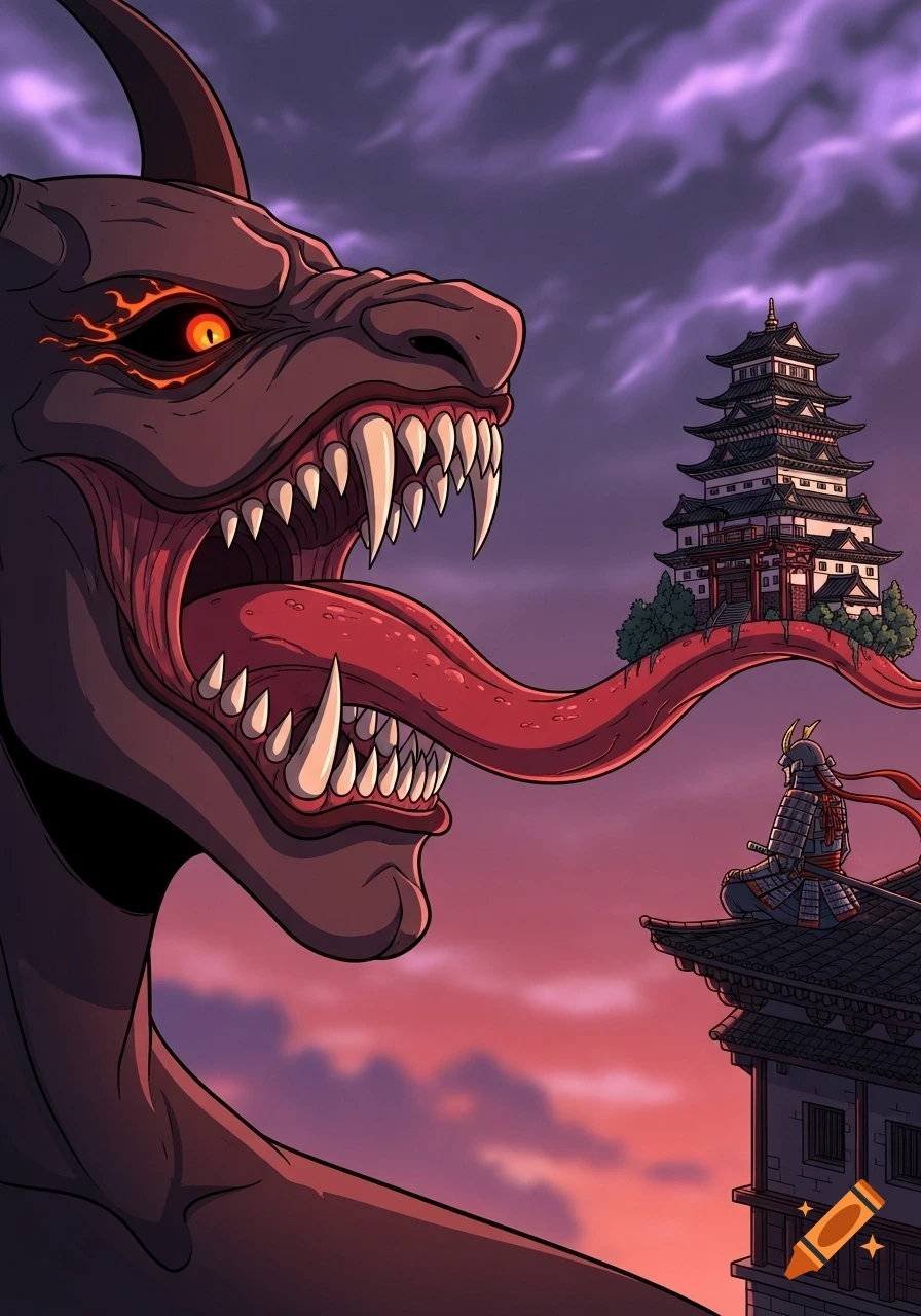 Anime illustration of a fierce dragon's head, its long tongue holding a Japanese castle with a samurai sitting on its roof at sunset.