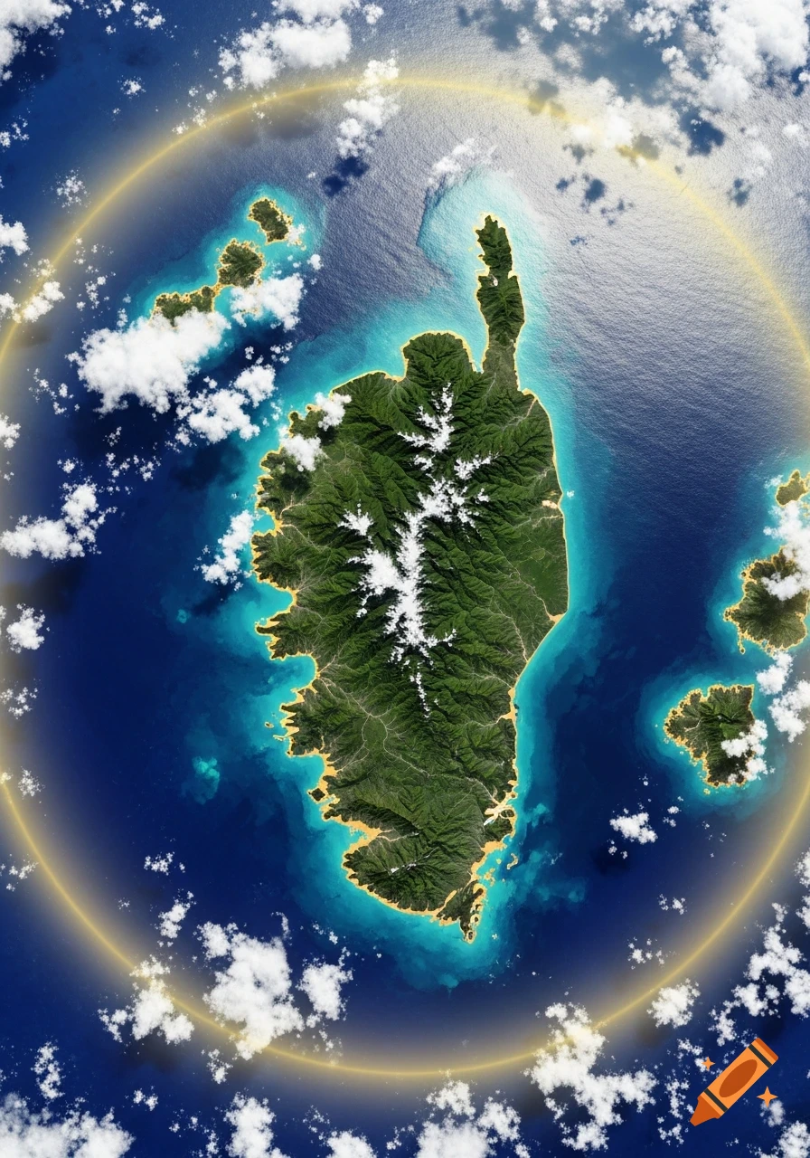 Photorealistic aerial satellite map of Corsica with a glowing ring, depicting it sinking into the blue ocean.