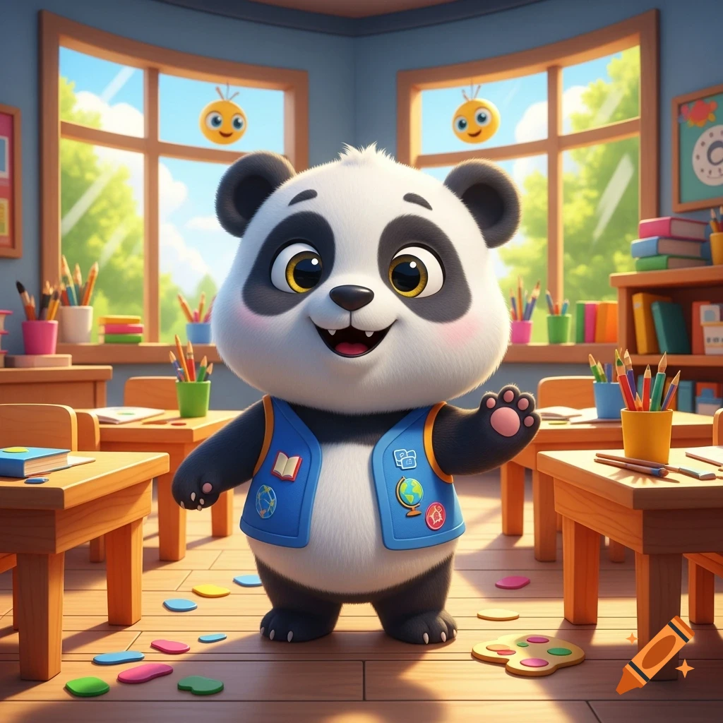 Cute cartoon panda in a blue vest waving, standing in a brightly lit classroom with wooden desks and school supplies.