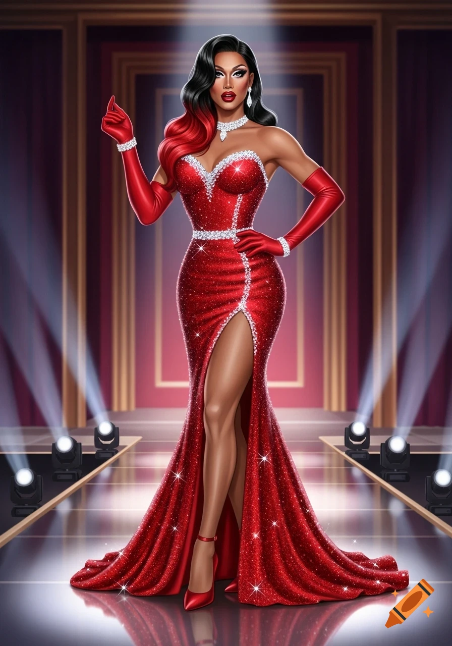 Glamorous drag queen in a sparkling red mermaid gown, red gloves, and dark hair with red streaks, posing on a runway stage under spotlights, illustration style.