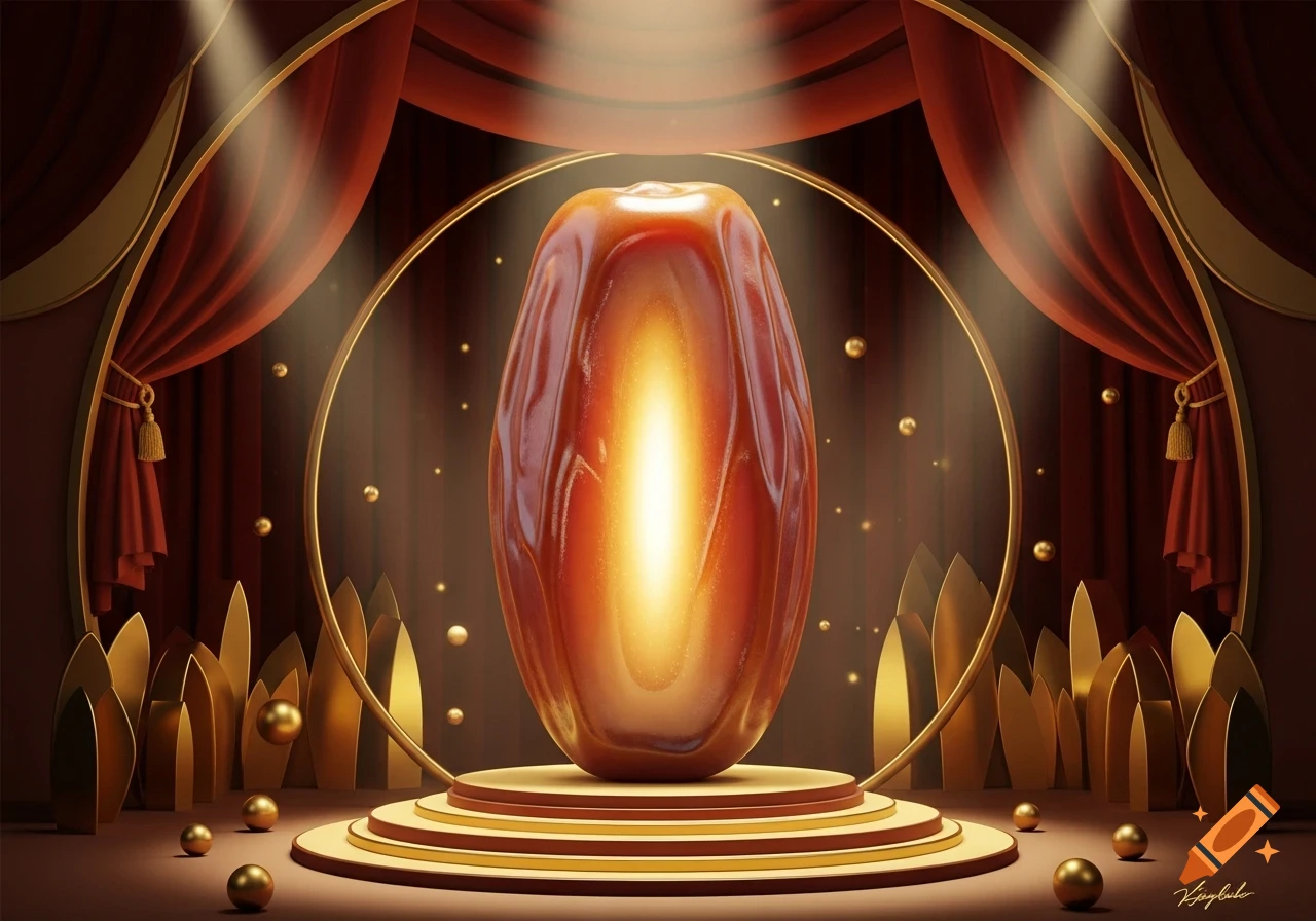 A stylized glowing date fruit on a tiered pedestal, surrounded by red velvet curtains, golden arcs, and metallic shapes on a theatrical stage.