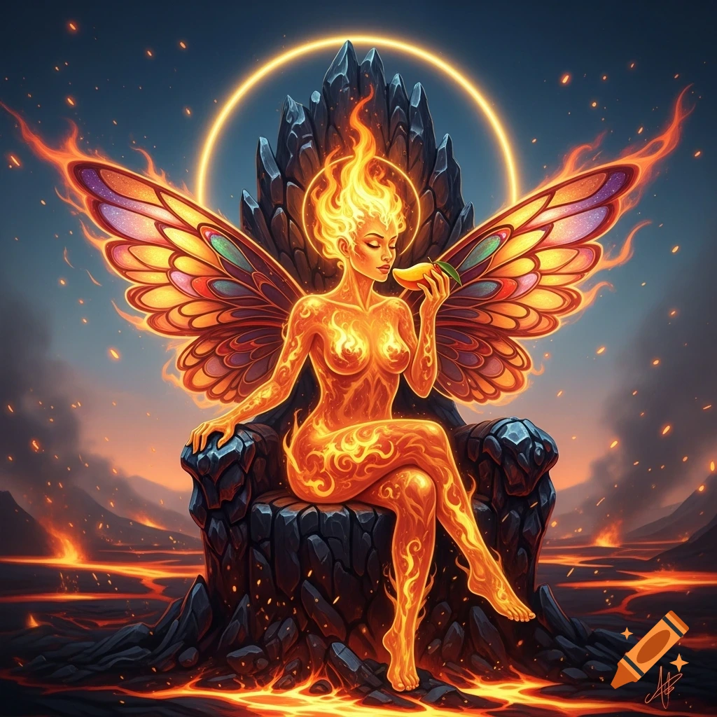 A vibrant fantasy fire goddess with glowing skin and large butterfly wings eats a mango while seated on a rocky throne surrounded by lava.