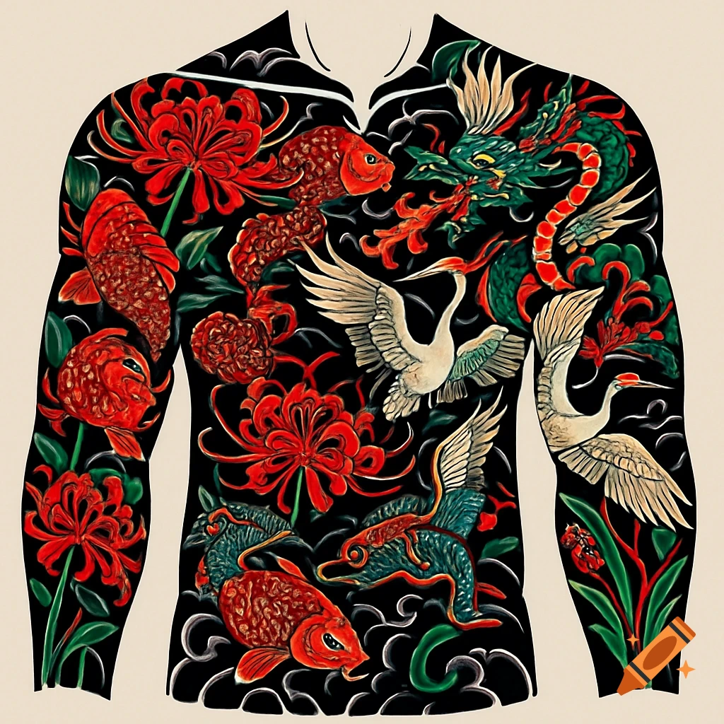 Japanese style full-body tattoo stencil featuring red spider lilies, koi fish, cranes, and a green dragon against a black background.