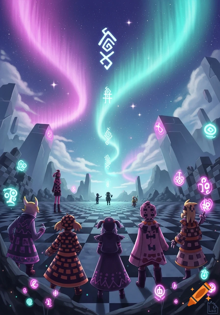 Fantasy scene with characters on a checkered ground beneath a night sky with pink and turquoise auroras and glowing symbols.
