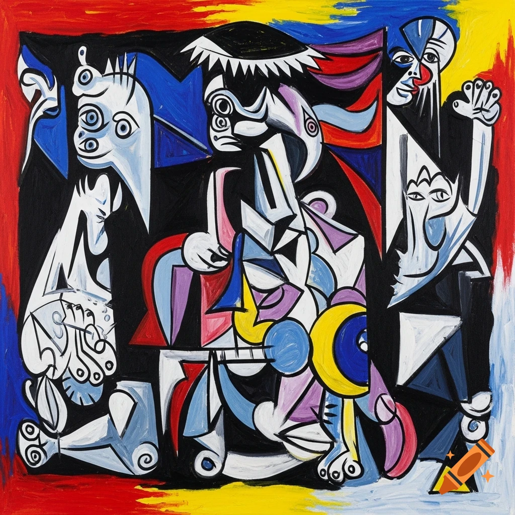 A vibrant abstract cubist painting featuring three stylized figures in black, white, blue, red, yellow, and purple.