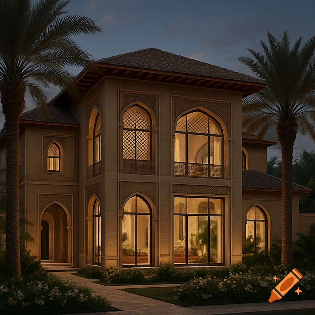 Photorealistic image of an ornate, illuminated house with arched windows and intricate details, flanked by palm trees at dusk.