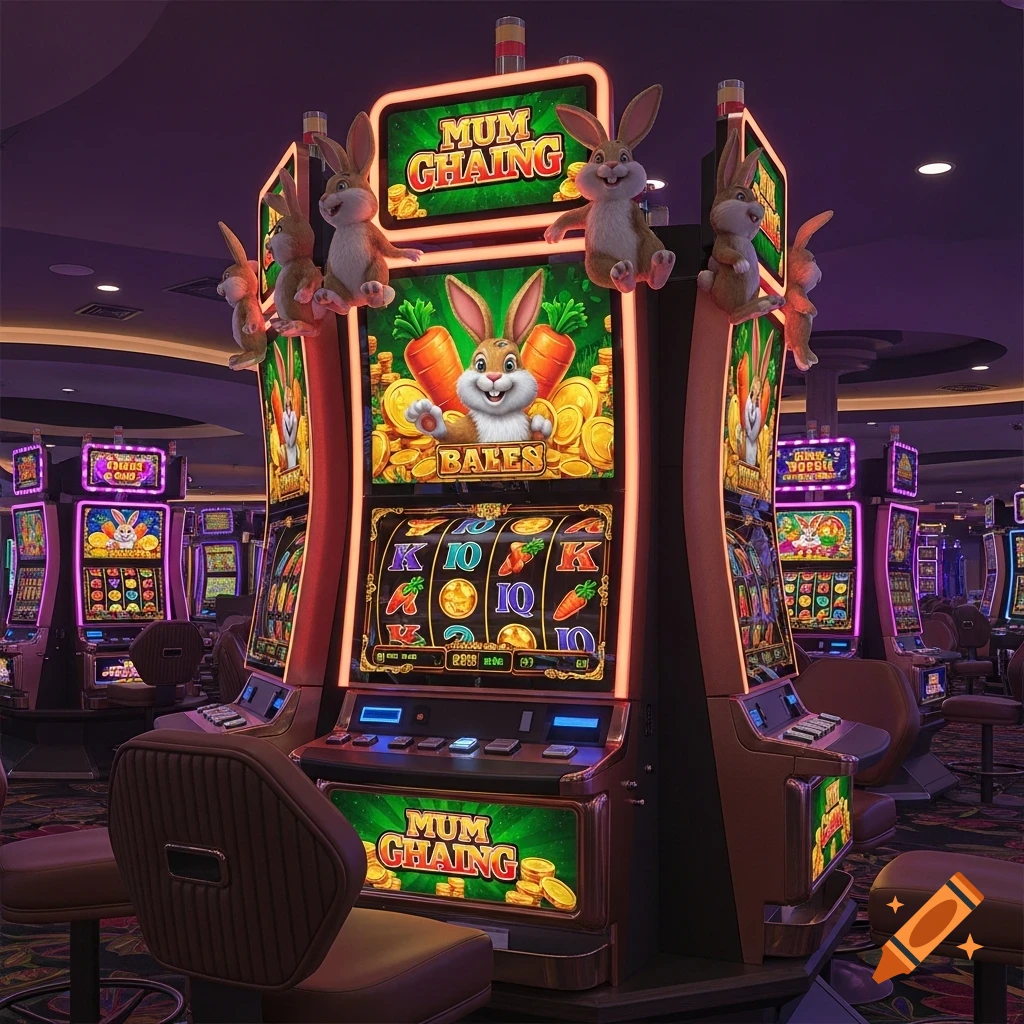 Rabbit-themed slot machines brightly lit in a casino, featuring cartoon rabbits on the screens and perched on top.