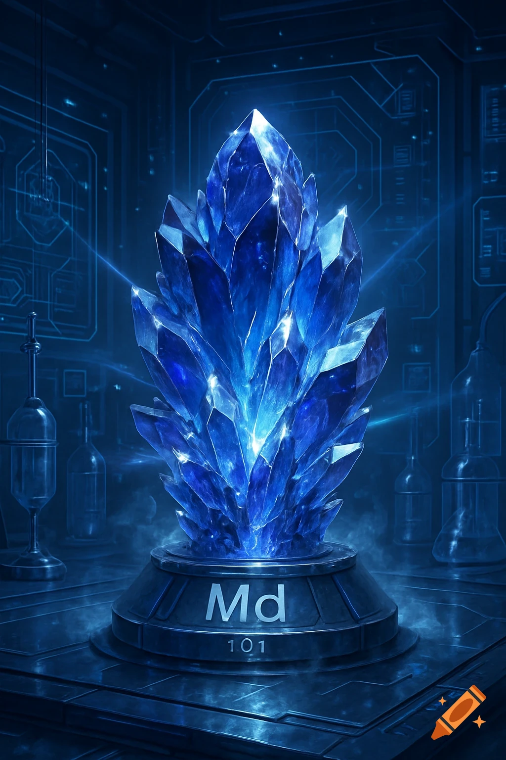 A large, glowing blue crystal sits on a futuristic pedestal labeled 'Md 101', in a dark blue, high-tech laboratory.