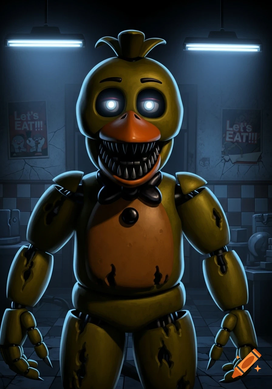 A menacing yellow animatronic chicken with glowing white eyes, a beak, sharp teeth, and a black bowtie stands in a dark, dilapidated room with 'Let's EAT!!!' posters.