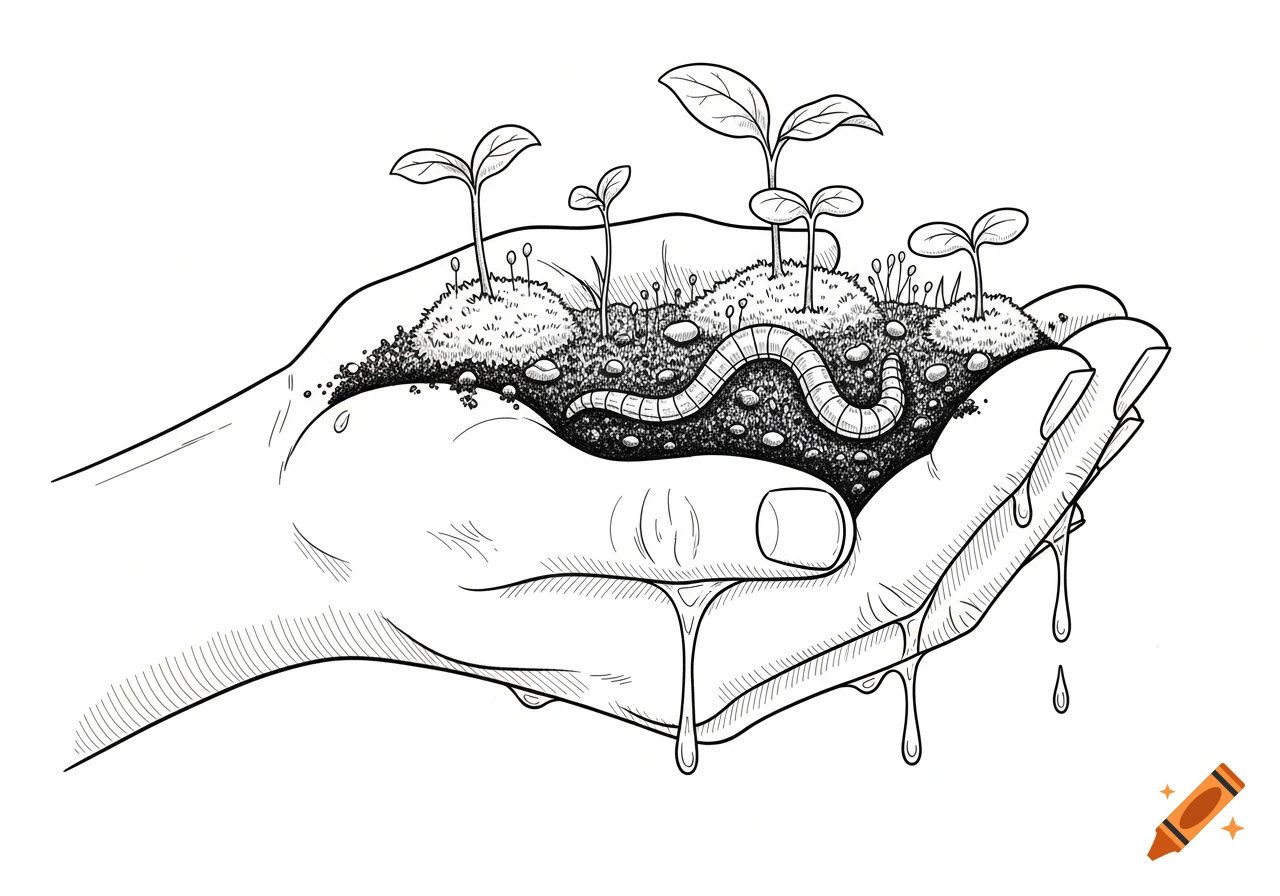 Black-and-white line art illustration of a cupped human hand holding soil with sprouting plants and an earthworm, with water dripping.