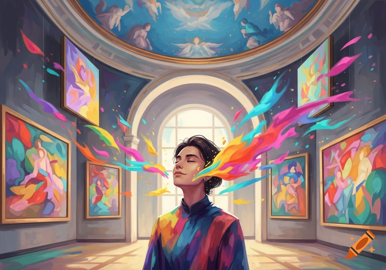 A person in a vibrant art gallery, eyes closed, colorful paint streaks emanating from their face. Abstract paintings on walls and ceiling.