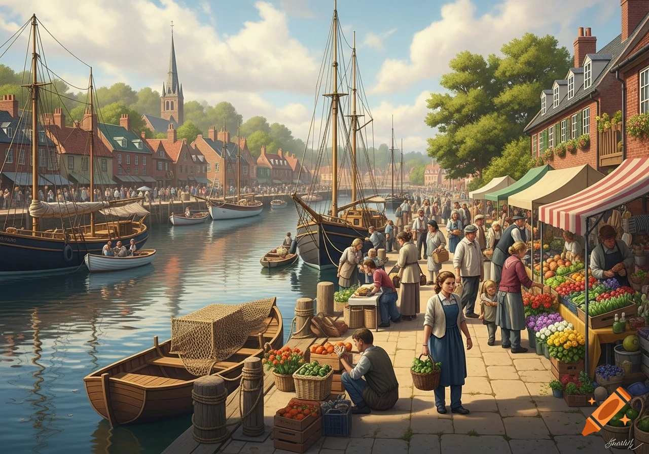 Vibrant harbor market with people buying produce, historic buildings, and sailboats under a sunny sky.