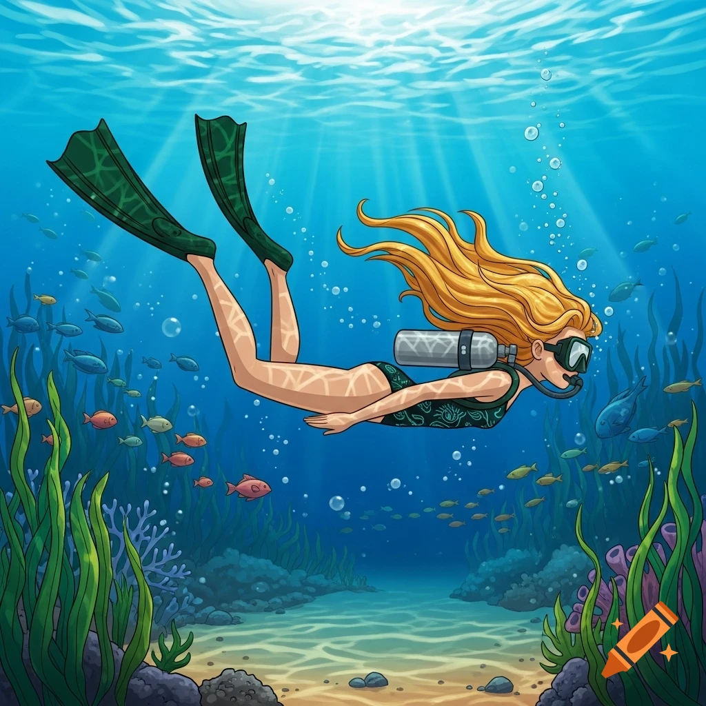 A cartoon girl with long blonde hair scuba diving in the ocean with dark green fins and a gray oxygen tank, surrounded by fish and coral.