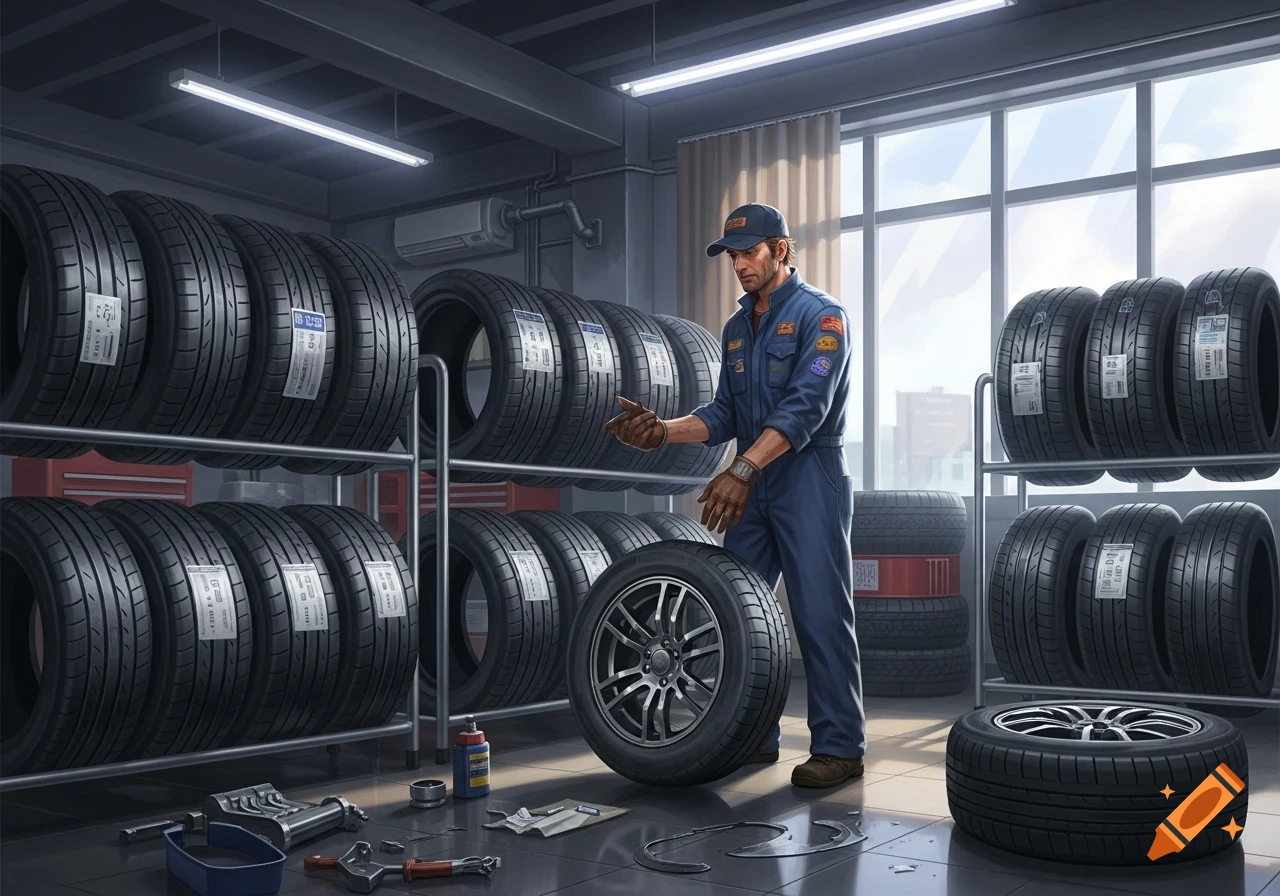 A mechanic in a blue uniform stands in a tire shop, holding a tire with a rim. Racks of tires line the walls, and tools are on the floor.