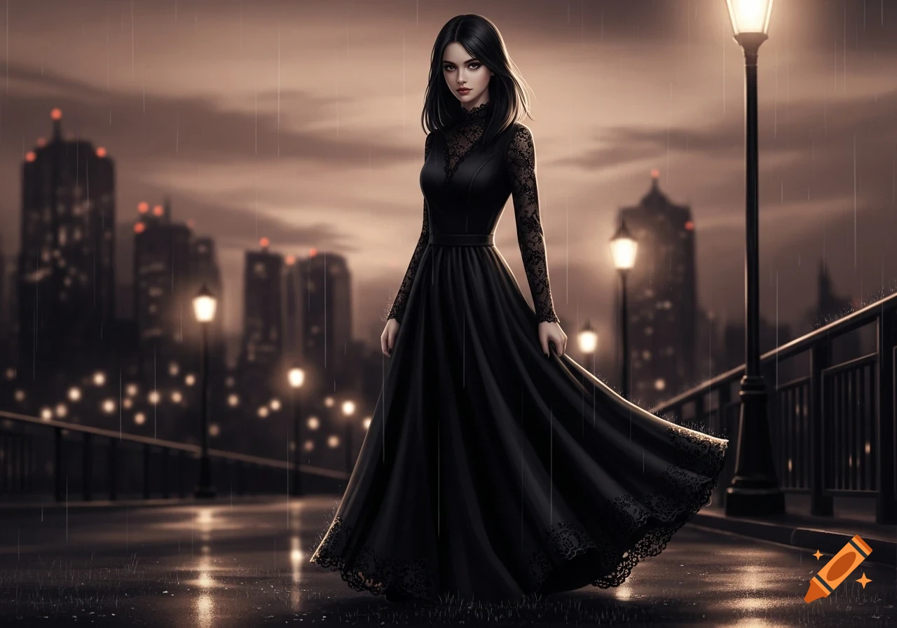 A woman in a long black lace dress stands on a wet city street at night ...