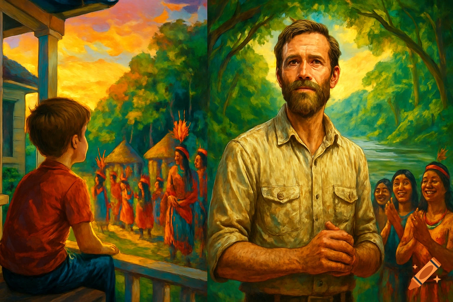A vibrant painting depicting a boy observing an indigenous village and a bearded man standing amongst indigenous people in a lush jungle.