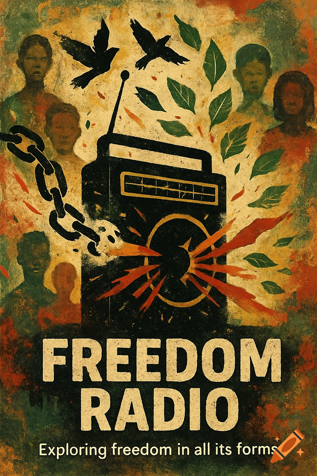 Vintage poster art of a radio with breaking chains, flying birds, and silhouettes of people. Text reads "FREEDOM RADIO".