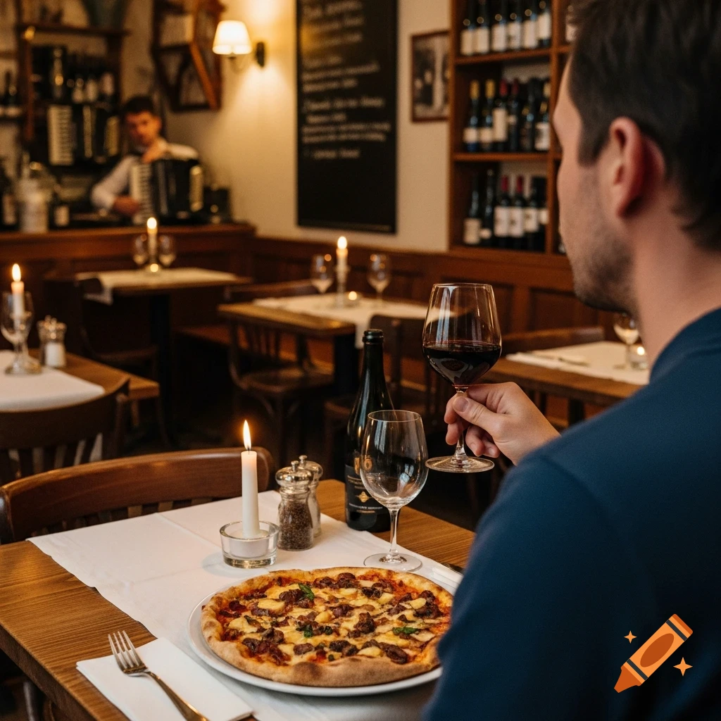 A man in a dimly lit restaurant, viewed from behind, holding a glass of red wine next to a pizza on a table.