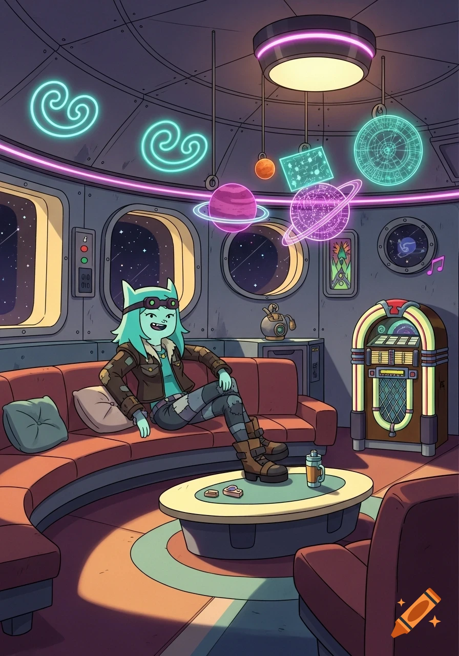 A blue-skinned alien character with goggles lounges on a sofa in a neon-lit spaceship lounge, in Adventure Time style.