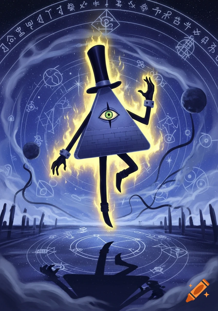 Bill Cipher, a glowing yellow triangular demon with a top hat and one eye, floats in a mystical cosmic blue void with symbols.