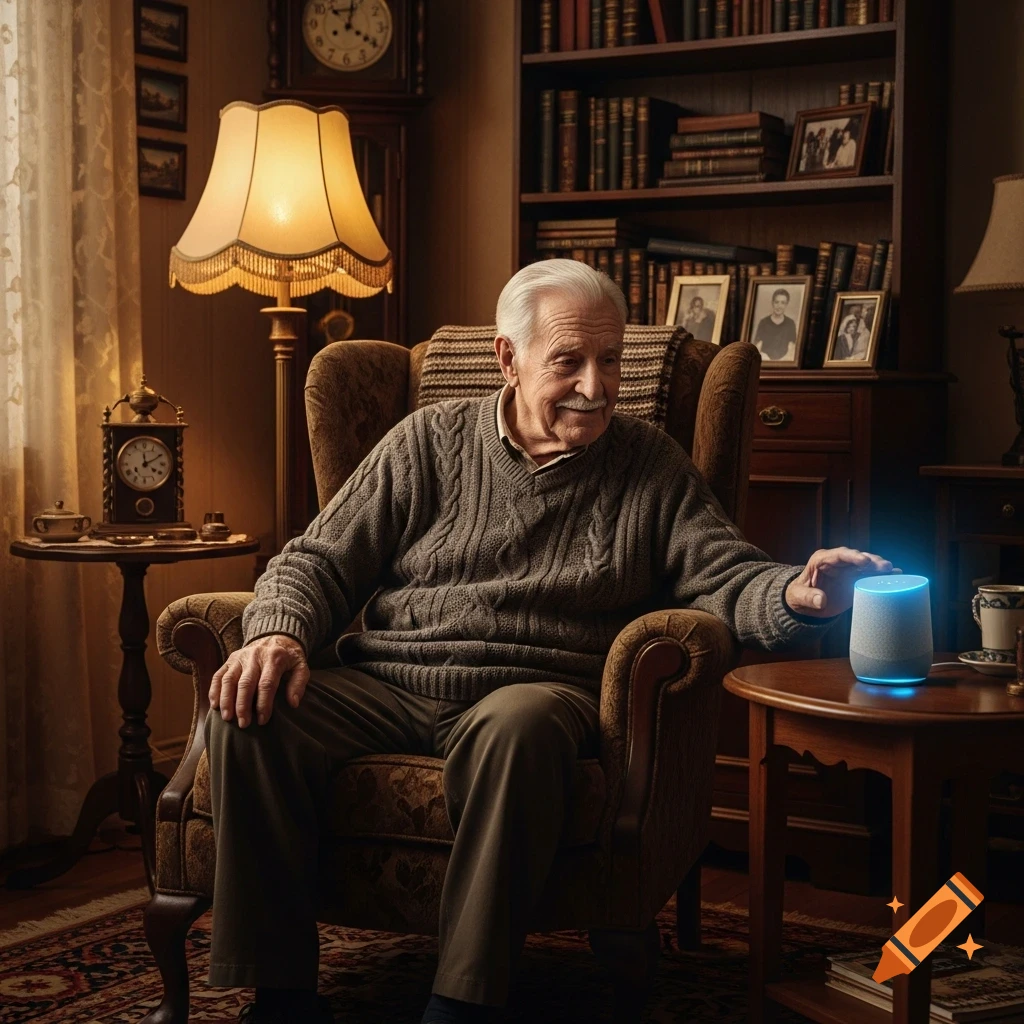 An elderly man in a cozy living room sitting in an armchair, reaching out to touch a glowing smart speaker on a side table.