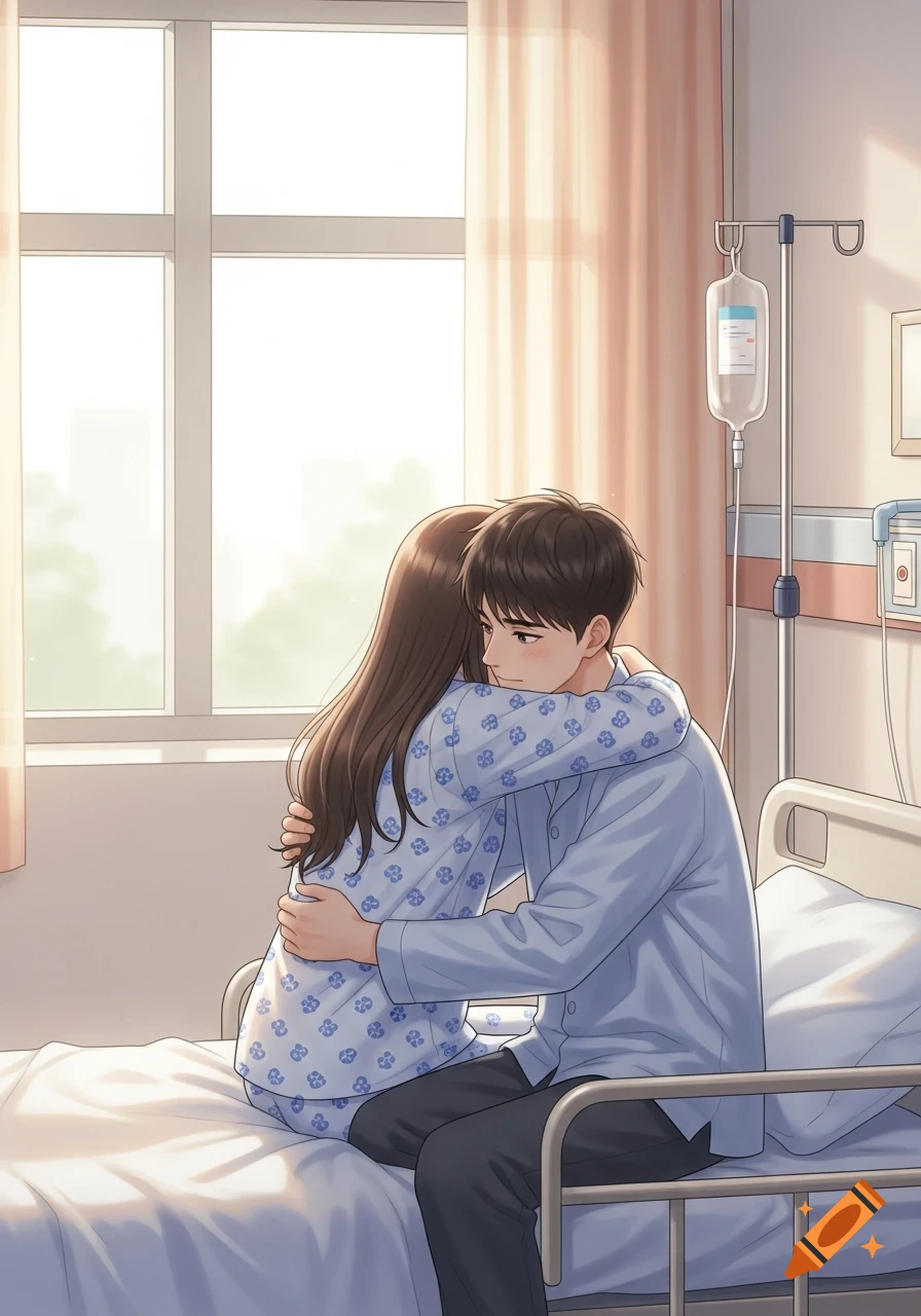 An anime couple in hospital gowns shares a comforting embrace in a bright hospital room, with soft morning light from a window.