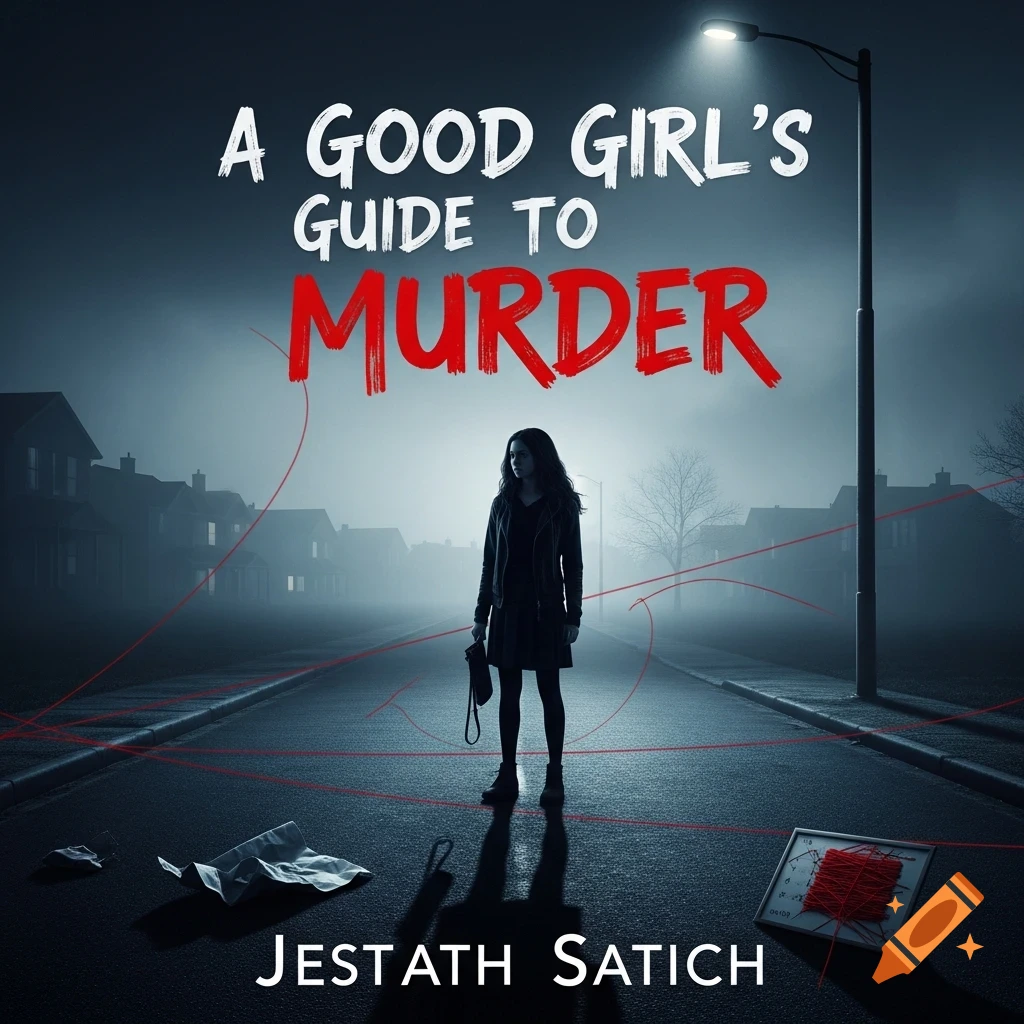 A woman stands on a dark, foggy street under a streetlamp, with red threads crisscrossing the scene. The title "A GOOD GIRL'S GUIDE TO MURDER" is at the top, and "JESTATH SATICH" at the bottom.