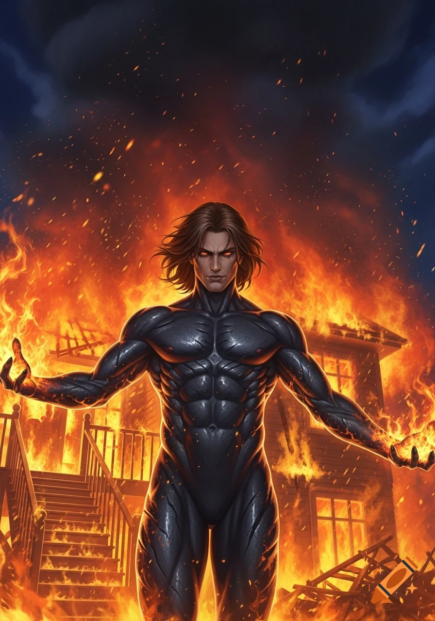A powerful man with glowing red eyes and a black textured suit stands with arms outstretched as a house burns fiercely behind him.