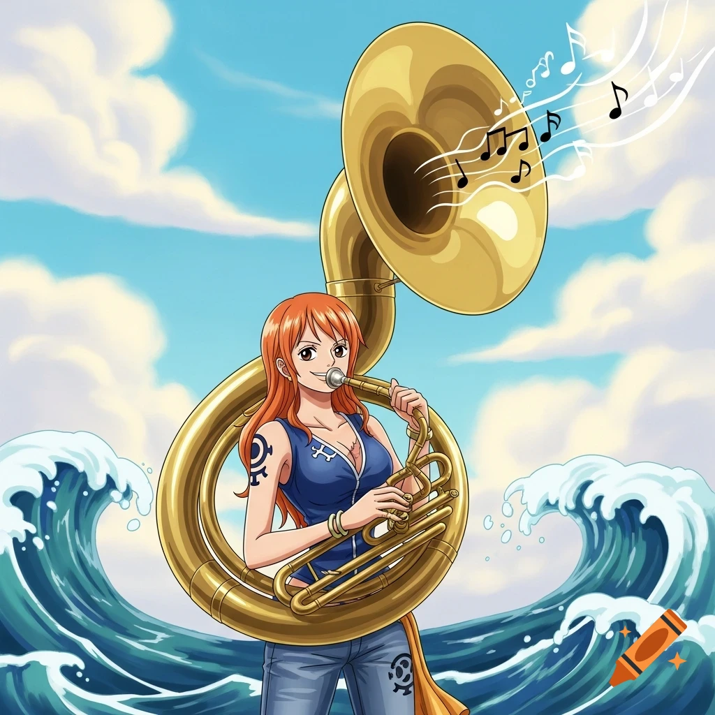 Nami from One Piece, an anime character with orange hair, plays a large golden sousaphone while standing in an ocean with waves, under a blue sky.