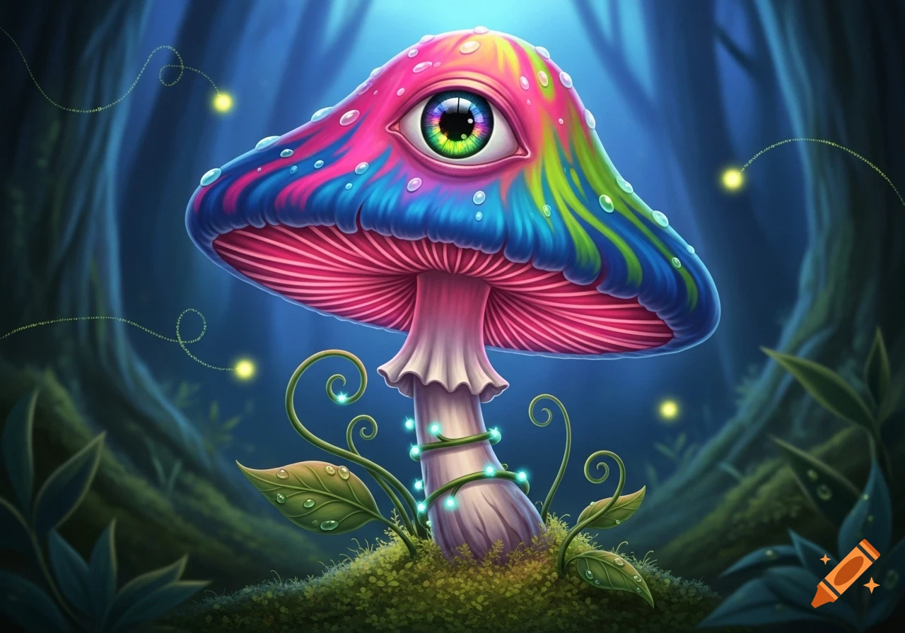 A vibrant, psychedelic mushroom with a large, colorful eye on its cap in a mystical forest, glowing with fireflies.