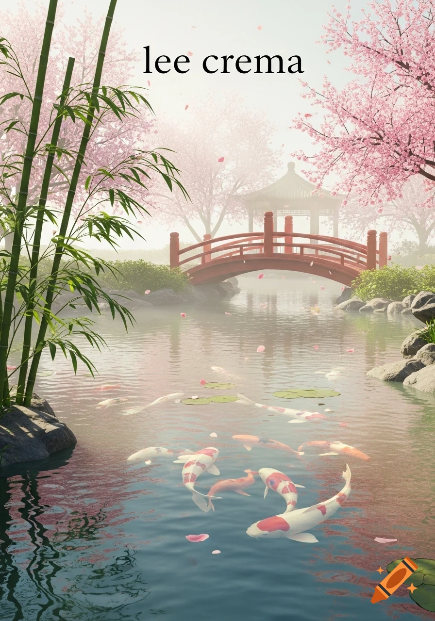 Serene Japanese garden with koi fish in a pond, bamboo, cherry blossoms, a red bridge, and 'lee crema' text.