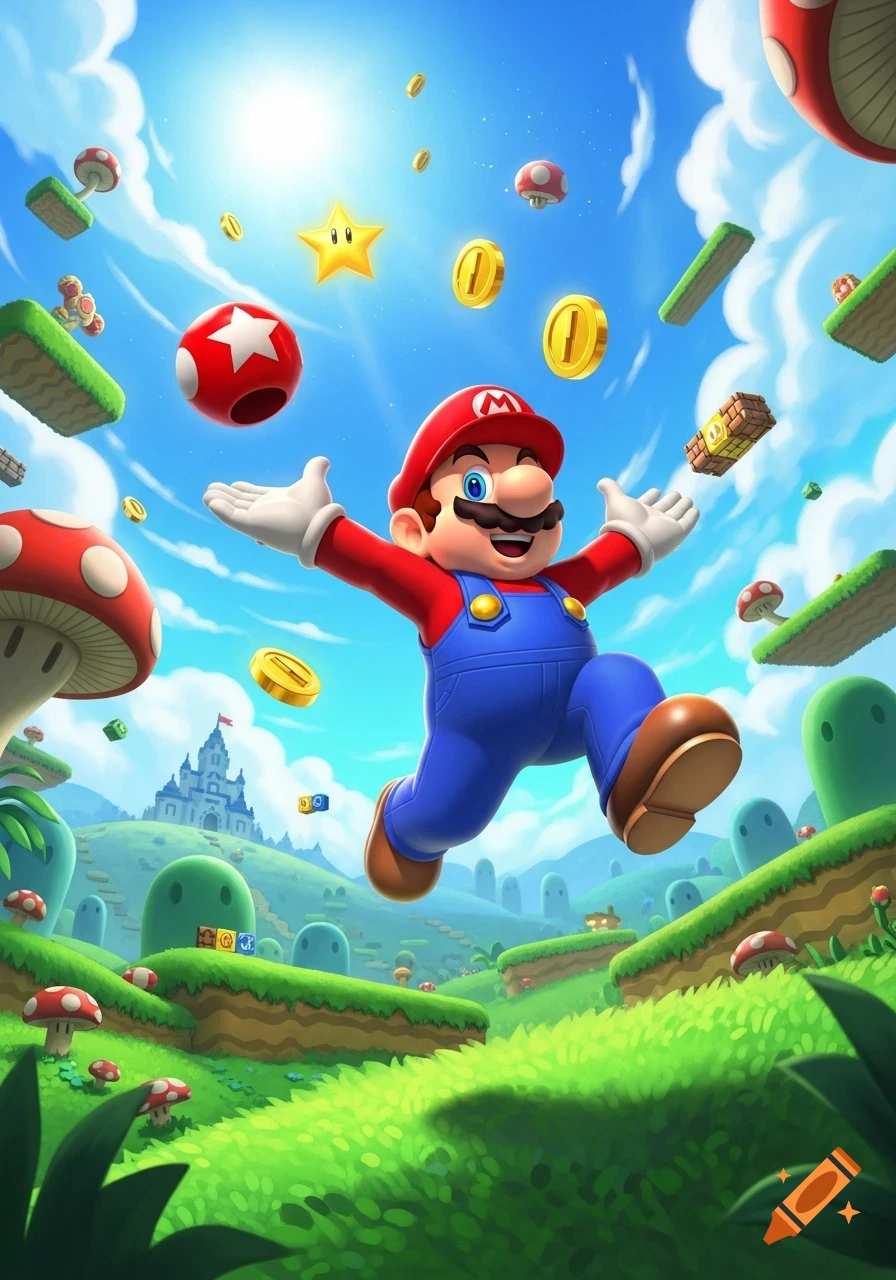 Mario jumps excitedly amidst floating coins, a star, and mushrooms in a sunny, vibrant Super Mario Bros. landscape.