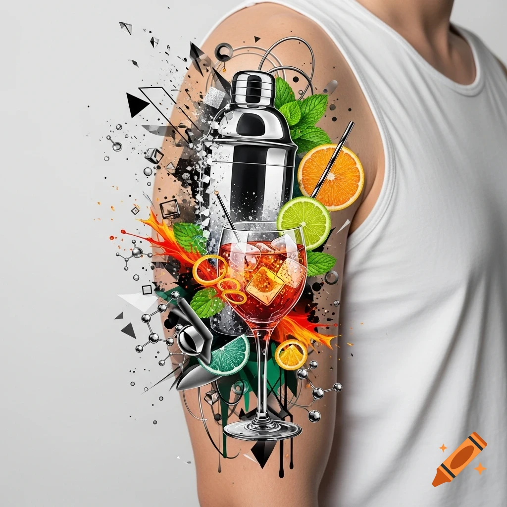 Modern, deconstructed tattoo design on an arm featuring a cocktail shaker, a glass with a drink, citrus slices, mint, and abstract geometric elements.