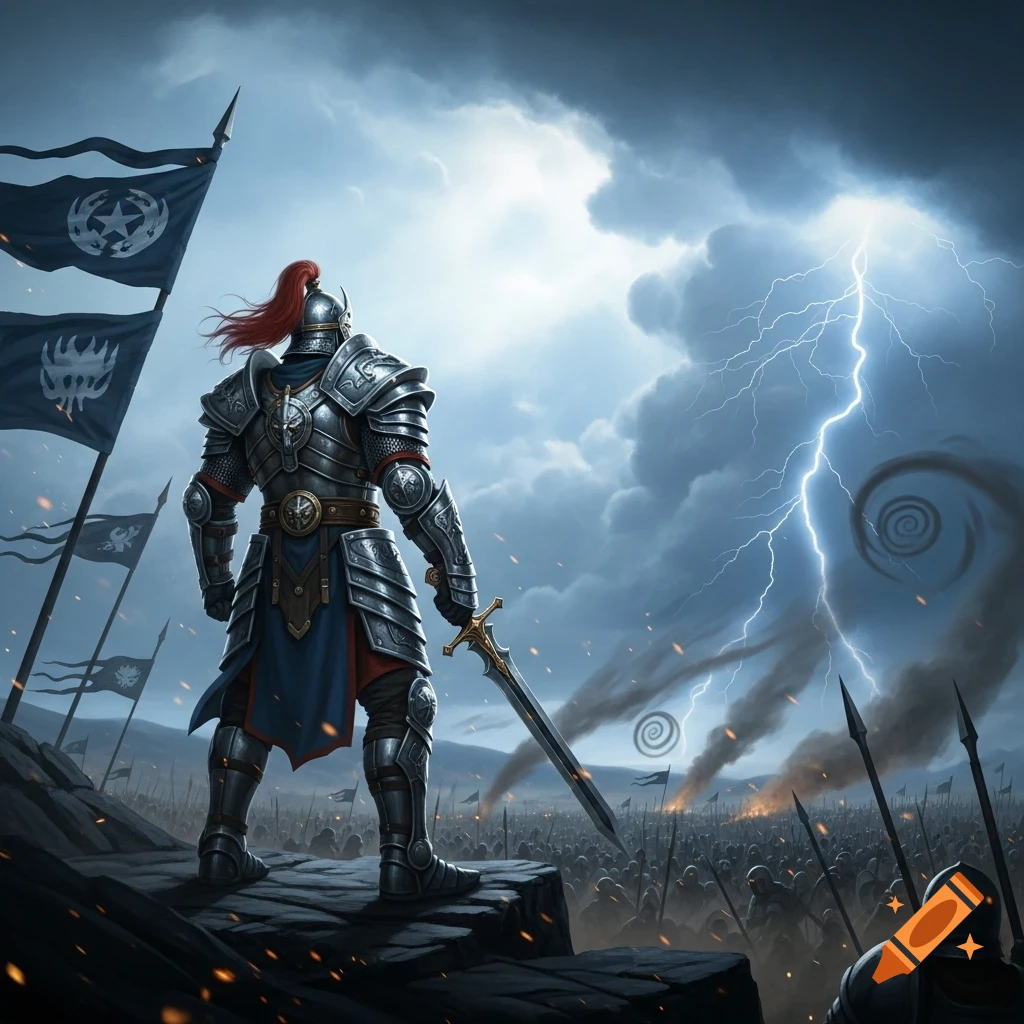 A knight in full plate armor stands on a rock, observing a vast army under a stormy, lightning-filled sky.
