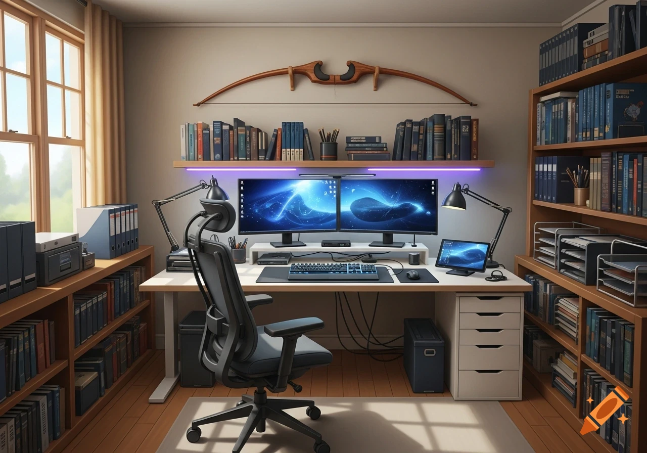 A photorealistic image of a neat home office with dual monitors, an ergonomic chair, bookshelves, and a bow mounted on the wall.