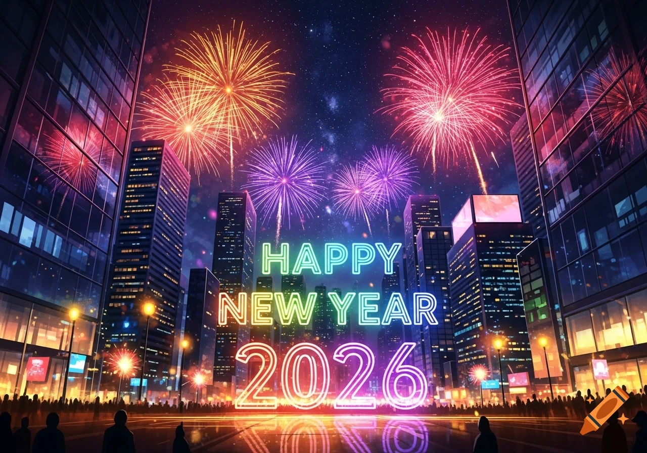 A vibrant city skyline at night with colorful fireworks exploding above and 'HAPPY NEW YEAR 2026' glowing prominently in the foreground.