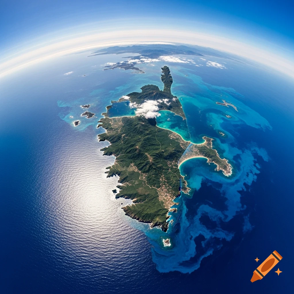 Aerial fisheye view of a large green island (Corsica) with coastlines, towns, and mountains, surrounded by clear turquoise and deep blue ocean under a bright sky.