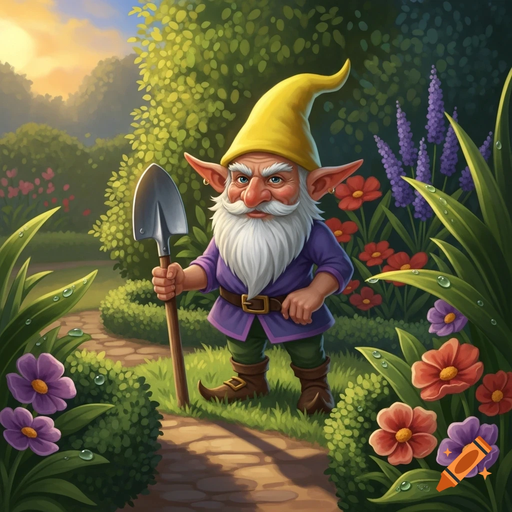 A stylized garden gnome in a yellow hat and purple tunic with a white beard holds a shovel on a path in a vibrant garden.