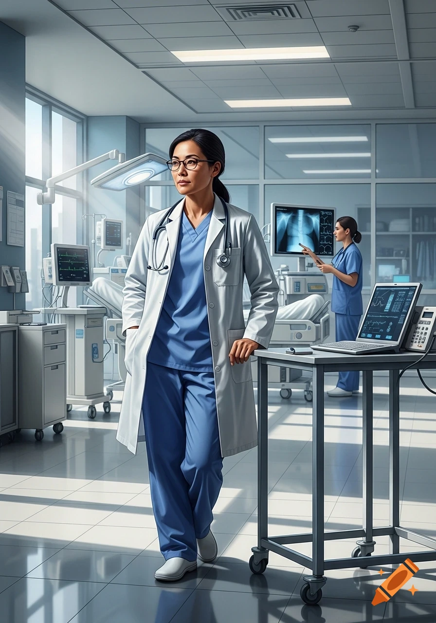 An Asian female doctor in a white lab coat and blue scrubs stands confidently in a modern hospital room, with medical equipment and another healthcare worker in the background.