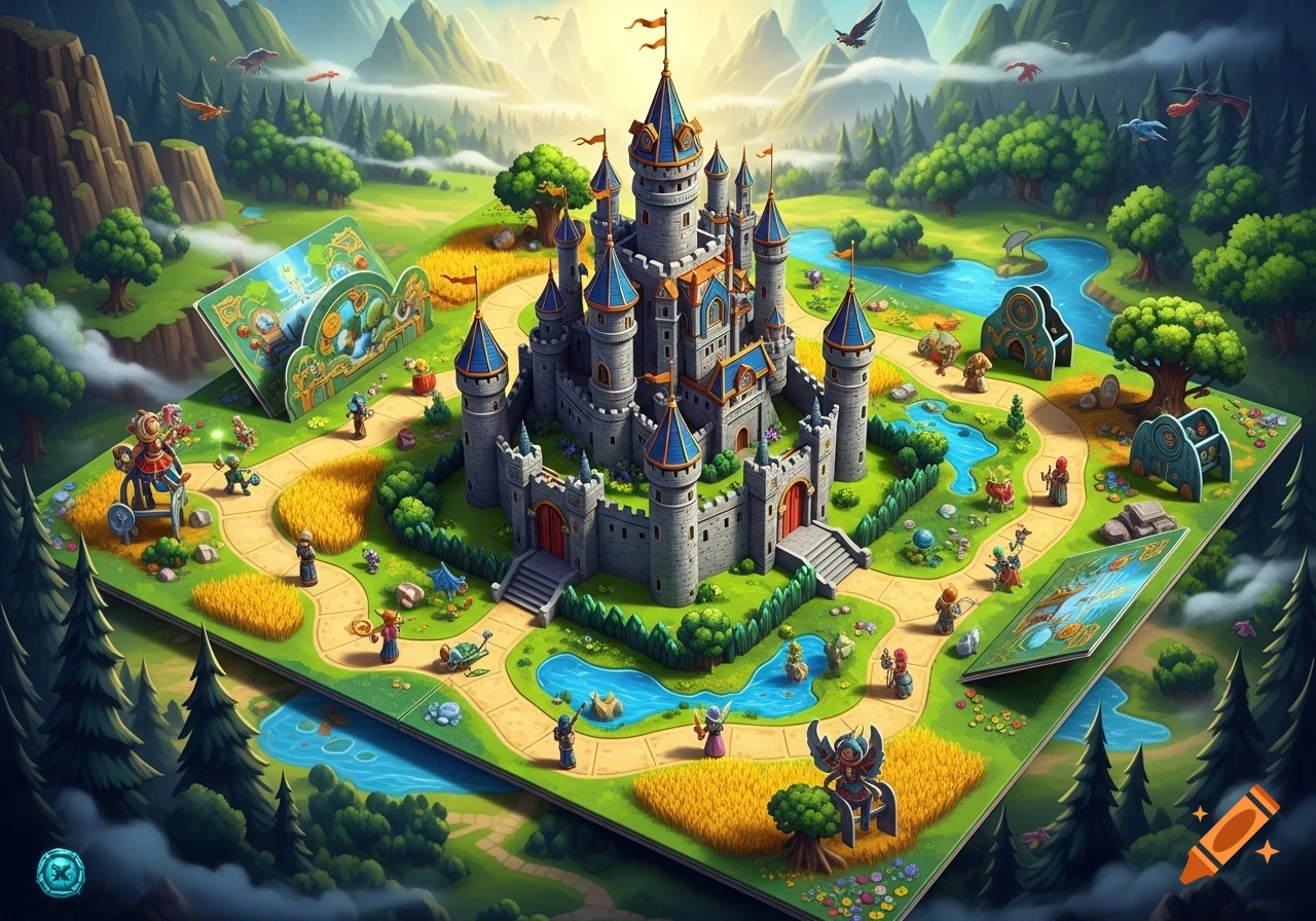 An isometric view of a colorful fantasy pop-up board game featuring a grand castle, winding paths, rivers, trees, and tiny game pieces.