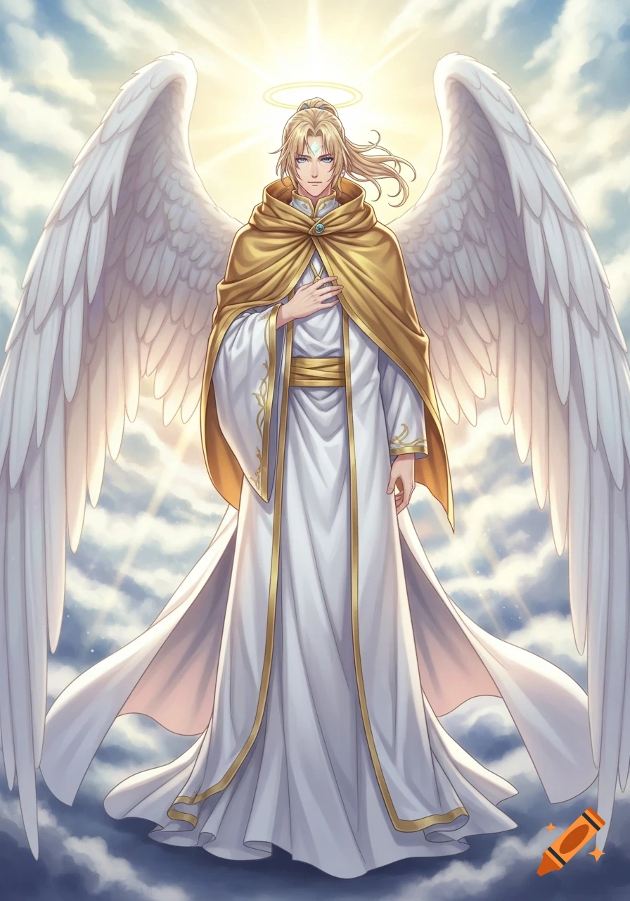 An anime-style male angel with long blonde hair, blue eyes, and large white wings, wearing white robes and a gold cloak, stands with a lopsided halo against a bright, cloudy sky.