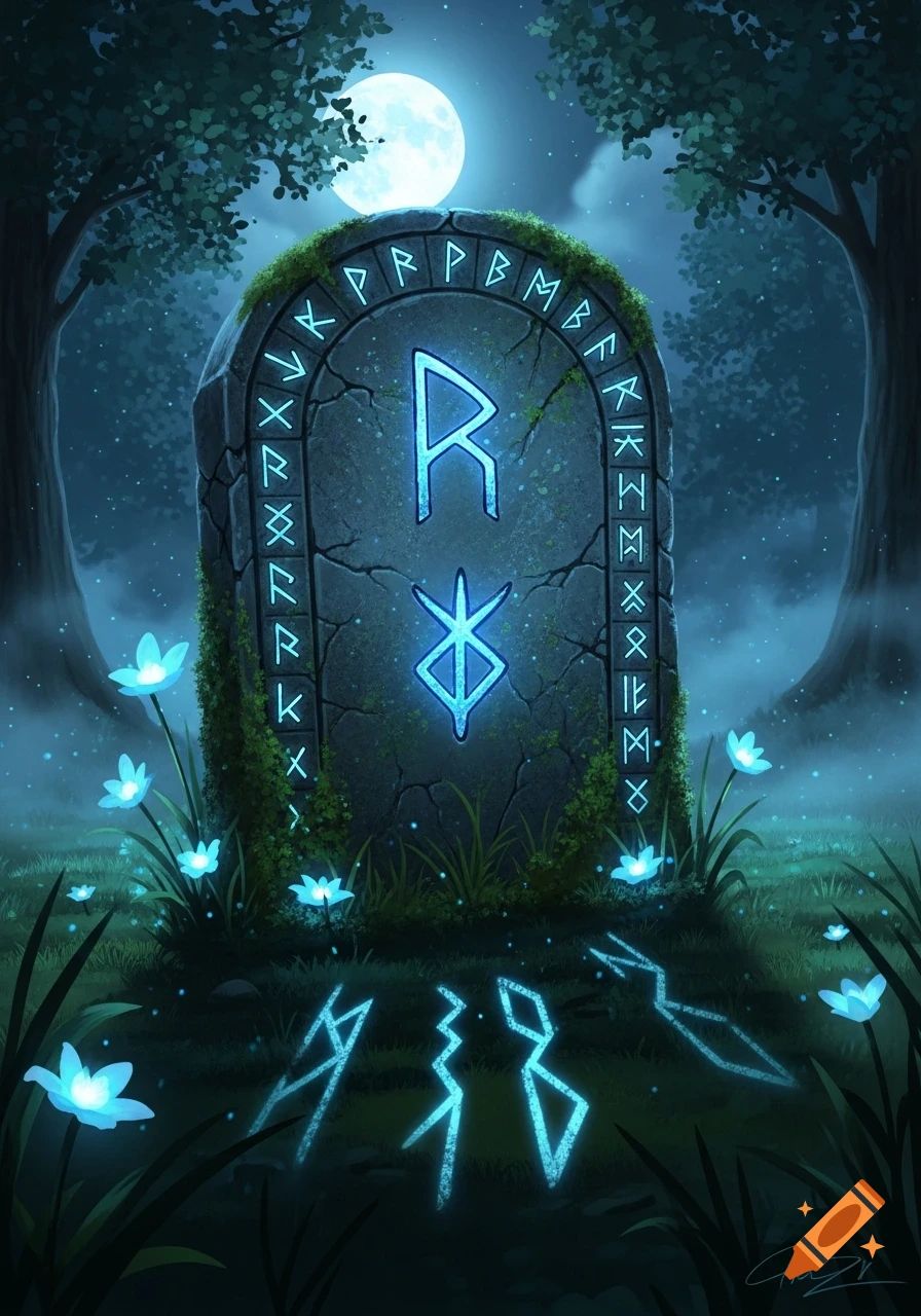 Glowing runestone in a magical moonlit forest, surrounded by luminous blue flowers and glowing ground runes, fantasy art style.