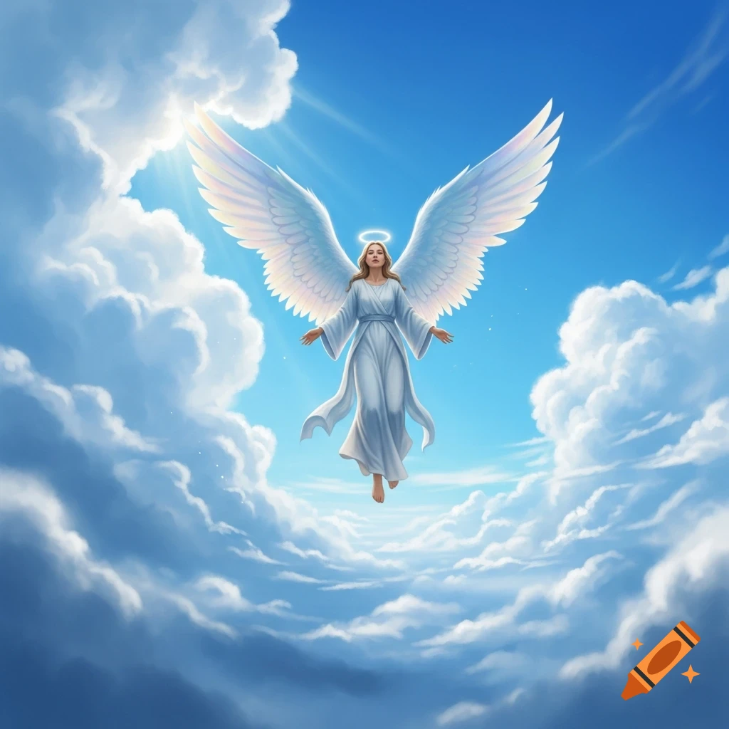A majestic angel with large white wings and a halo floats in a beautiful blue sky surrounded by fluffy clouds.