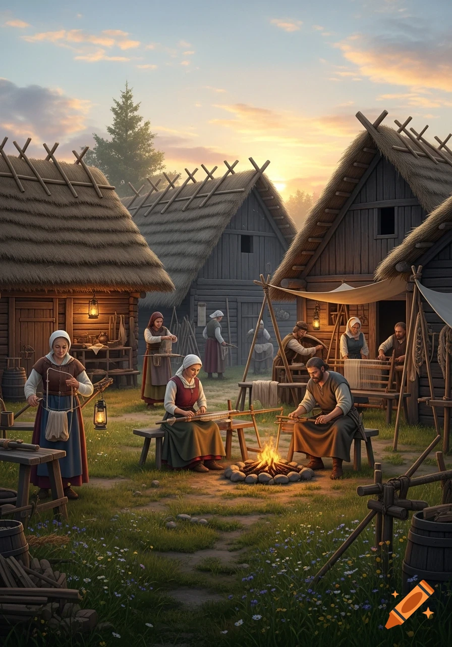 A reconstructed Longobard village at sunset with people working. Men and women weave by a campfire and in huts with thatched roofs.